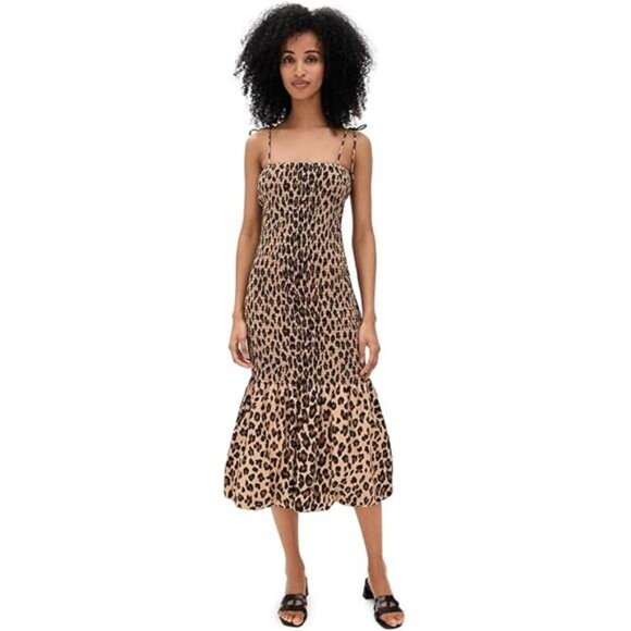 SIMON MILLER Canto Smocked Poplin Midi Dress Leopard Bubble Hem Resort Travel - Picture 7 of 7